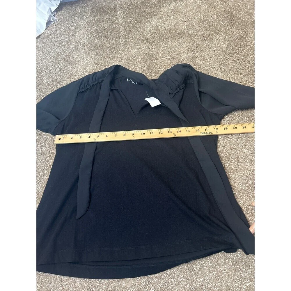 NEW LOFT blouse neck tie puff sleeve black top 2 texture SZ MD